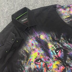 Maczoo Button Up Shirt Large Black Multi Lion‎ Graphic washed Mens
